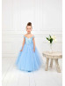 Cap Sleeves Blue Lace Tulle Floor Length Flower Girl Dress